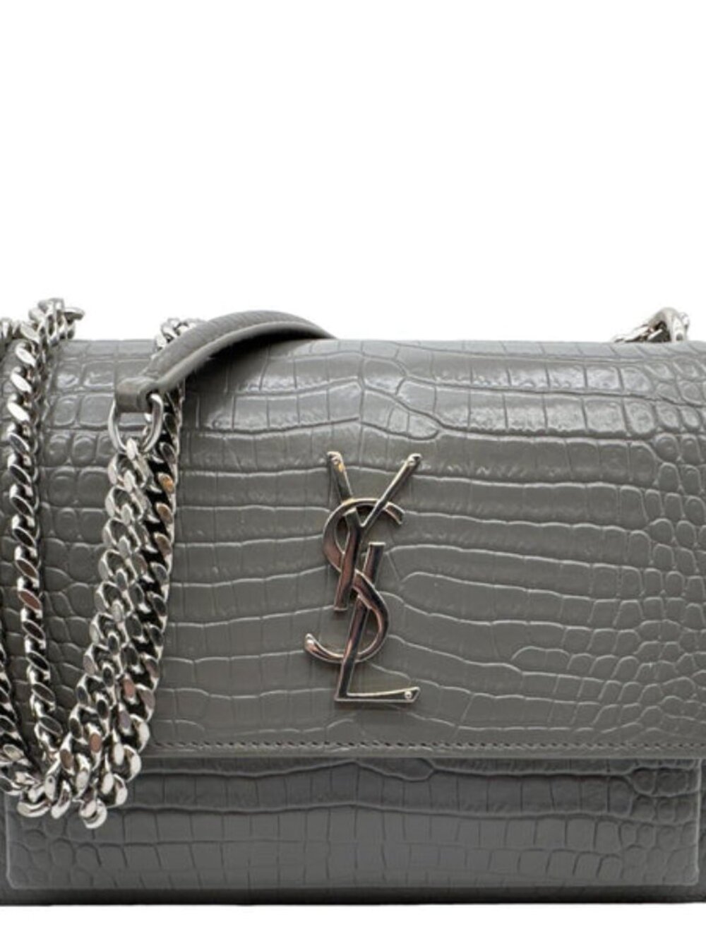 Yves Saint Laurent Monogram Sunset Crocodile Embossed Leather Crossbody Bag Gre